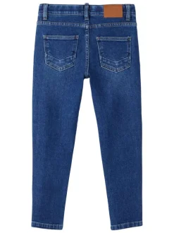 Jean taille slim ajustable en partie en coton indigo léger délavé à jambes droites