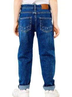 Jean taille slim ajustable en partie en coton indigo léger délavé à jambes droites
