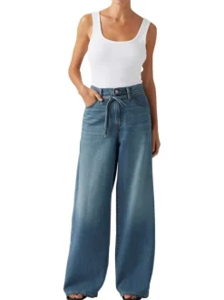 Jean Xl Straight en coton bleu délavé avec coupe bootcut oversize et cordon