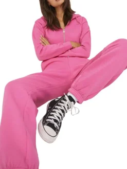 Jogging en coton mélangé rose uni avec une coupe slim fit et à taille élastiquée