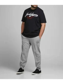 Jogging gris en coton uni avec une coupe droite et nom de la marque sur la cuisse gauche