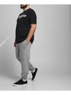 Jogging gris en coton uni avec une coupe droite et nom de la marque sur la cuisse gauche