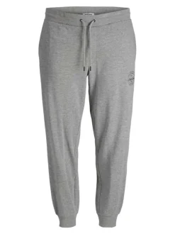 Jogging gris en coton uni avec une coupe droite et nom de la marque sur la cuisse gauche