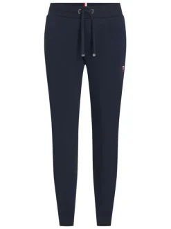 Jogging marine uni avec une coupe slim et un lien de serrage à la taille