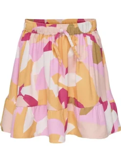 Jupe courte pêche à imprimé camouflage pastel avec volants et taille élastiquée