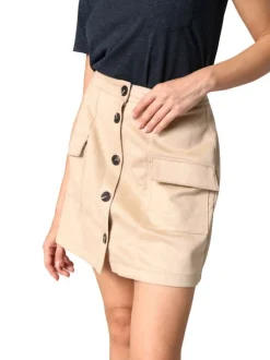 Jupe courte beige unie en maille effet velours avec poches et boutonnière