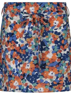 Jupe courte bleue fleurie avec une coupe paper bag et ceinture à nouer