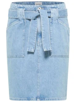 Jupe courte Blossom en coton jean unie avec ceinture denim et poches plaquées