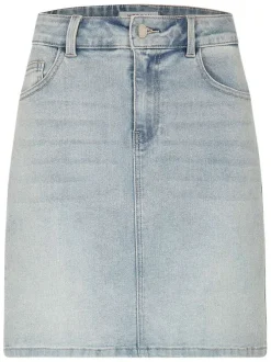 Jupe courte crayon bleu jean clair unie avec passants pour ceinture et poches