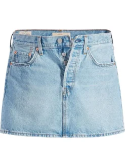 Jupe courte denim en coton bleue stone unie avec une coupe droite