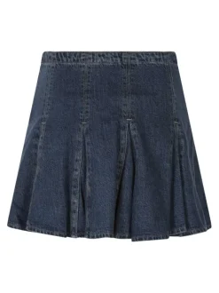 Jupe courte denim plissée en coton mélangé indigo uni, avec une coupe évasée