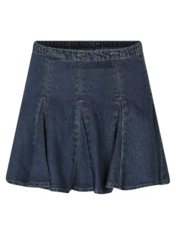 Jupe courte denim plissée en coton mélangé indigo uni, avec une coupe évasée