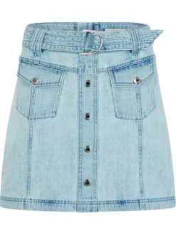 Jupe courte en coton bleue claire unie pourvue d'une coupe slim