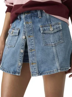 Jupe courte en coton bleu uni avec une coupe droite et une fermeture boutonnée
