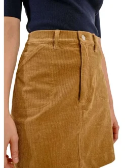 Jupe courte en coton camel unie en velours avec poches plaquées arrière