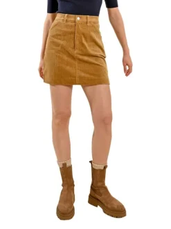 Jupe courte en coton camel unie en velours avec poches plaquées arrière