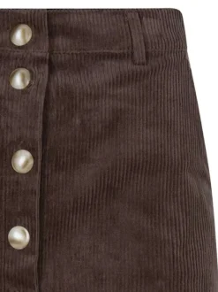 Jupe courte en coton chocolat unie coupe ajustée et fermeture à boutons