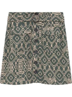 Jupe courte kaki à motifs avec une coupe droite et des boutons