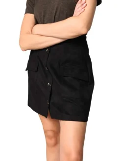 Jupe courte noire unie en maille effet velours avec poches et boutonnière