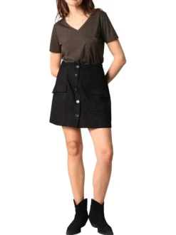 Jupe courte noire unie en maille effet velours avec poches et boutonnière