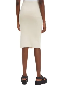 Jupe crayon en coton mélangé beige unie fendue sur le côté gauche
