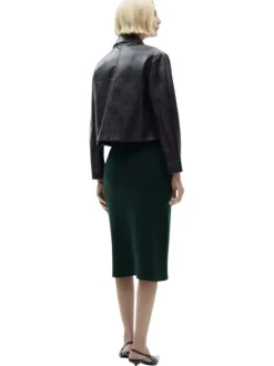 Jupe crayon longue verte unie en laine avec une taille élastiquée