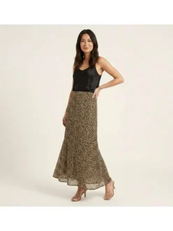 Jupe longue beige pourvu de motif animalier avec une coupe fluide
