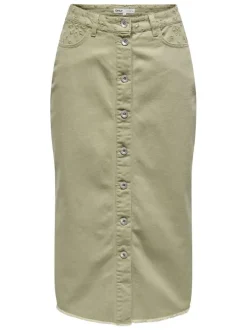 Jupe longue en coton beige en jean fermée par des boutons à coupe ajustée