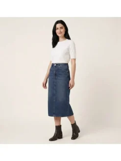 Jupe longue en coton indigo uni avec une coupe droite et une fente arrière