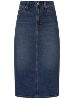 Jupe longue en coton indigo uni avec une coupe droite et une fente arrière