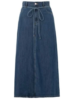 Jupe longue indigo unie pourvue d'une coupe droite et de multiples poches