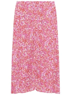 Jupe longue rose à motif floral avec une taille intermédiaire et des boutons