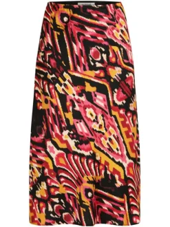 Jupe longue rouge à imprimé multicolore avec une coupe midi fluide