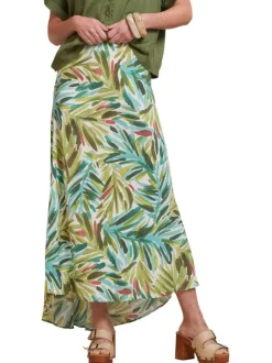 Jupe longue verte avec des motifs de feuilles et une taille élastiquée