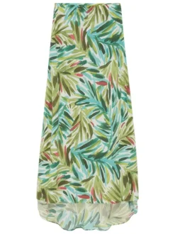 Jupe longue verte avec des motifs de feuilles et une taille élastiquée