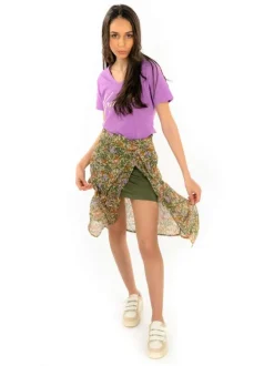 Jupe midi multicolore fleurie avec une coupe droite et une taille haute