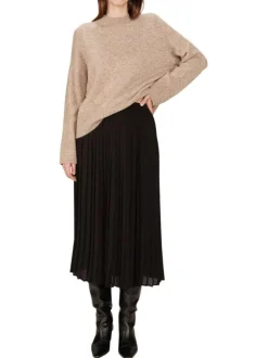 Jupe midi noire unie avec une coupe droite et un aspect plissé