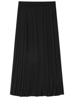 Jupe midi noire unie avec une coupe droite et un aspect plissé