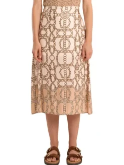Jupe mi-longue beige pourvue d'un imprimé de chaînes entrelacées