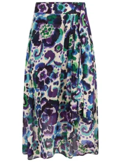 Jupe mi-longue écrue à imprimé multicolore floral et à coupe droite fluide