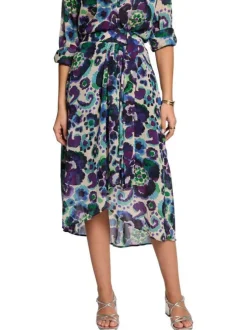 Jupe mi-longue écrue à imprimé multicolore floral et à coupe droite fluide