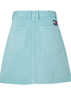 Jupe trapèze boutonnée, 5 poches, en coton biologique vert d'eau uni