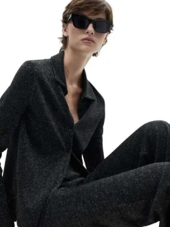 Legging anthracite en lurex avec une coupe droite et ample et taille élastiquée