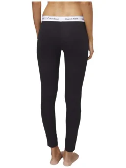 Legging noir uni en coton avec taille élastiquée blanche et marque