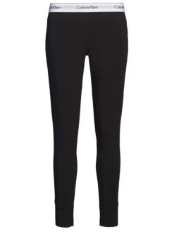 Legging noir uni en coton avec taille élastiquée blanche et marque