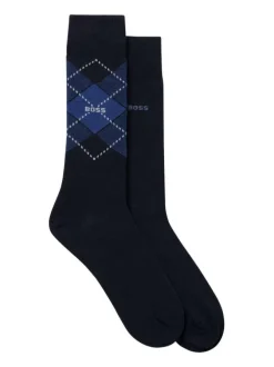 Lot de 2 paires de chaussettes hautes en coton marine carreaux avec coupe haute