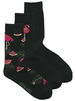Lot de 3 paires de chaussettes hautes en coton mélangé noires imprimées
