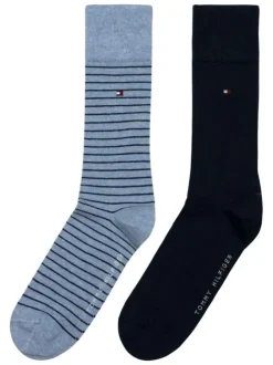 Lot de deux paires de chaussettes hautes en coton bleues rayées