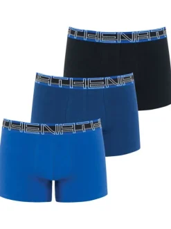 Lot de 3 boxers classique en coton bleu, marine et noir uni avec nom de la marque sur la taille élastiquée