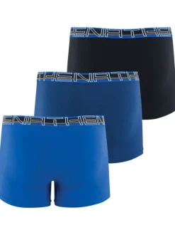 Lot de 3 boxers classique en coton bleu, marine et noir uni avec nom de la marque sur la taille élastiquée